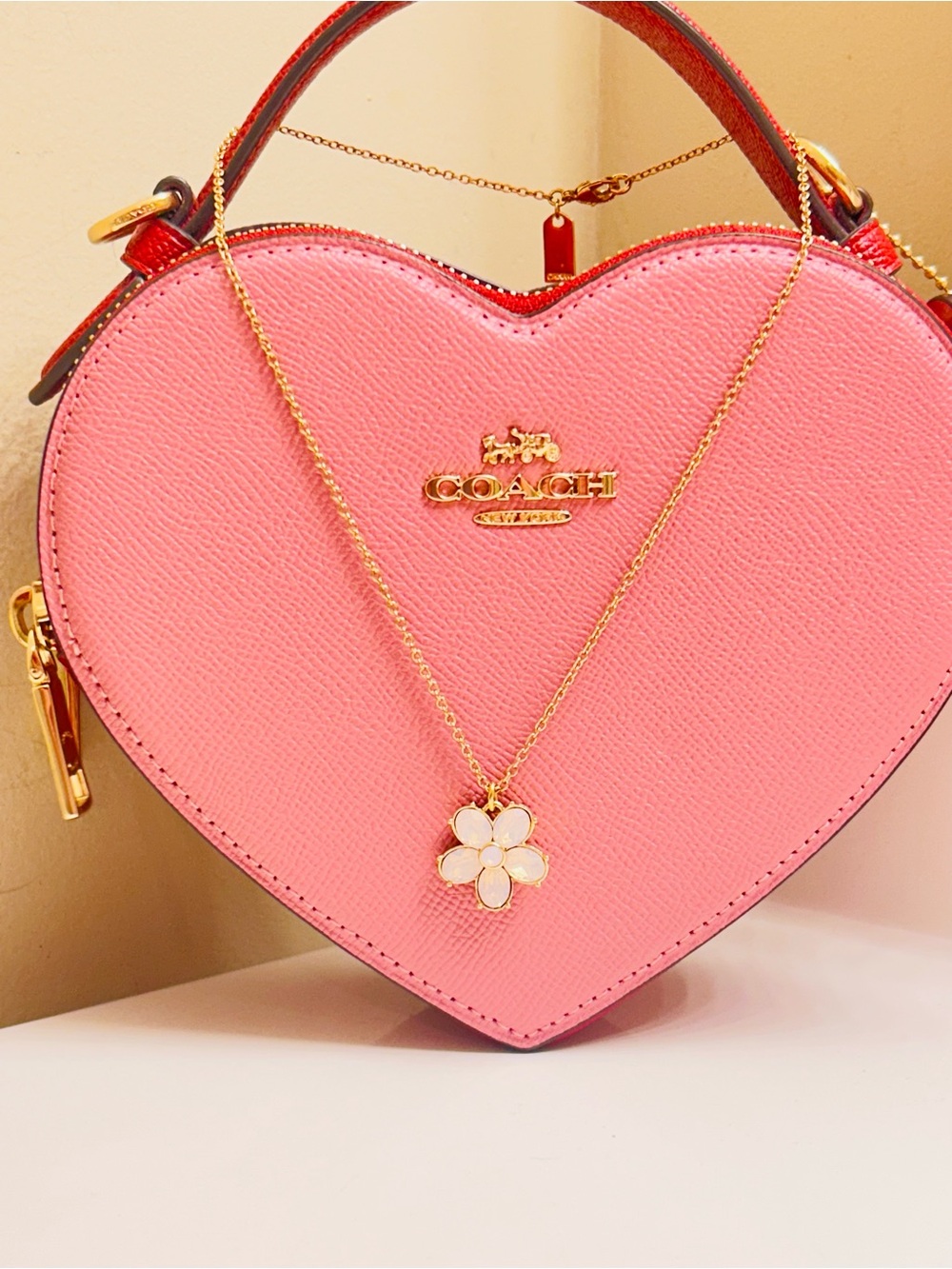 Coach Pink Flower Gold Tone Necklace - Picture 2 of 12